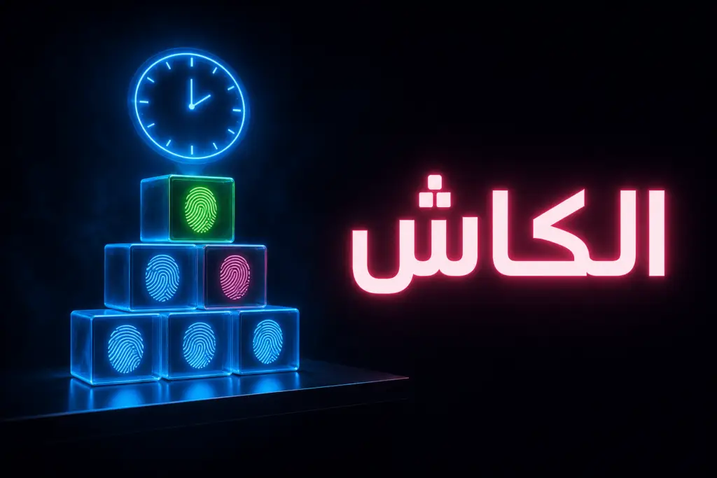 مكعبات مضيئة تحمل بصمات فريدة تحت حلقة زمنية زرقاء، تمثيل لآلية Cache-Control وETag في التخزين المؤقت