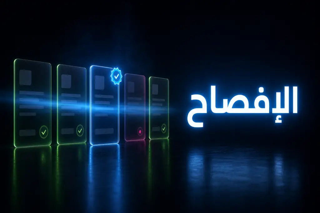 بطاقات محتوى شفافة إحداها تحمل شارة زرقاء، رمزًا لوسم المحتوى وفق قانون الذكاء الاصطناعي الأوروبي