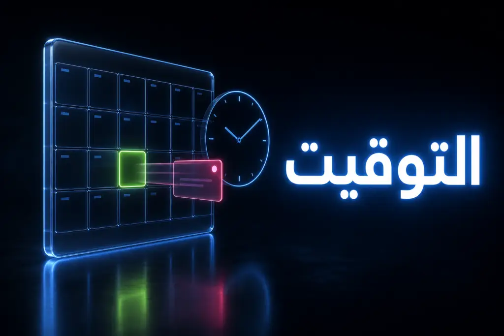 شبكة تقويم زجاجية تنزاح منها فعالية عن مكانها، تعبيرًا عن فخ التوقيت عند النقل من EventON