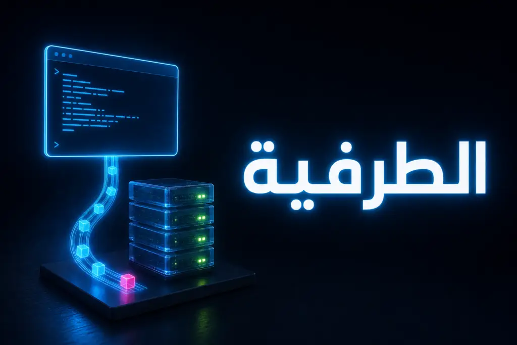 نافذة طرفية متصلة بخيط ضوئي بسيرفر من كتل شفافة، تعبيرًا عن إدارة ووردبريس عبر WP-CLI
