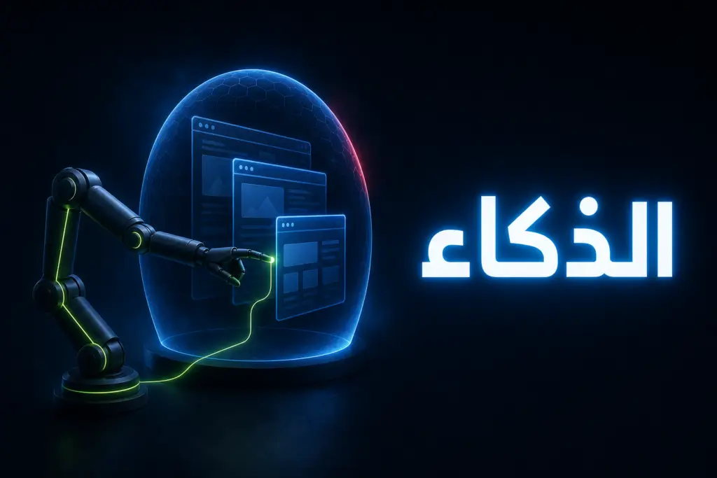 ذراع آلية تقترب من صفحات موقع داخل درع حماية أزرق، تمثيل لربط الذكاء الاصطناعي بووردبريس عبر WordPress MCP بأمان