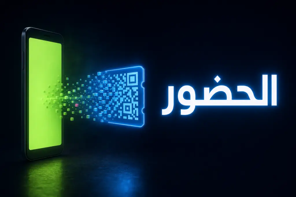 موبايل بشاشة خضراء يقرأ تذكرة رمزها يتحول إلى مكعبات، يمثل تسجيل حضور QR في ووردبريس