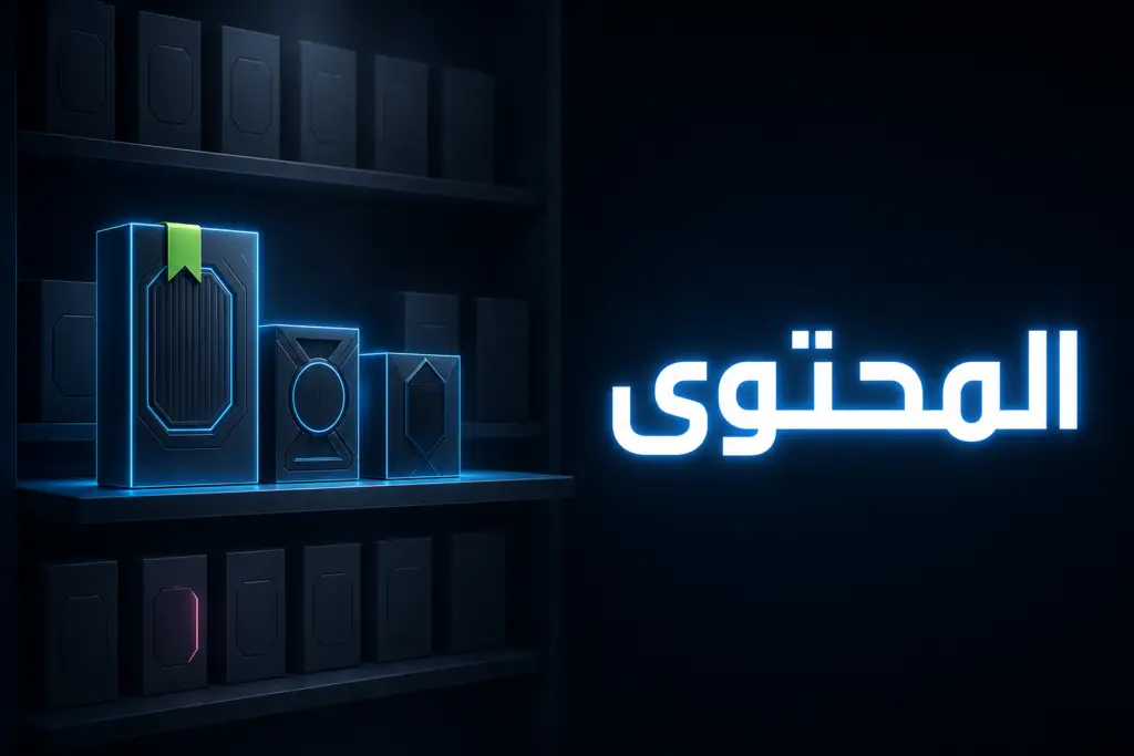 رف منتجات تبرز فيه صناديق مميزة وسط نسخ متكررة، يرمز إلى محتوى الذكاء الاصطناعي والسيو في المتاجر