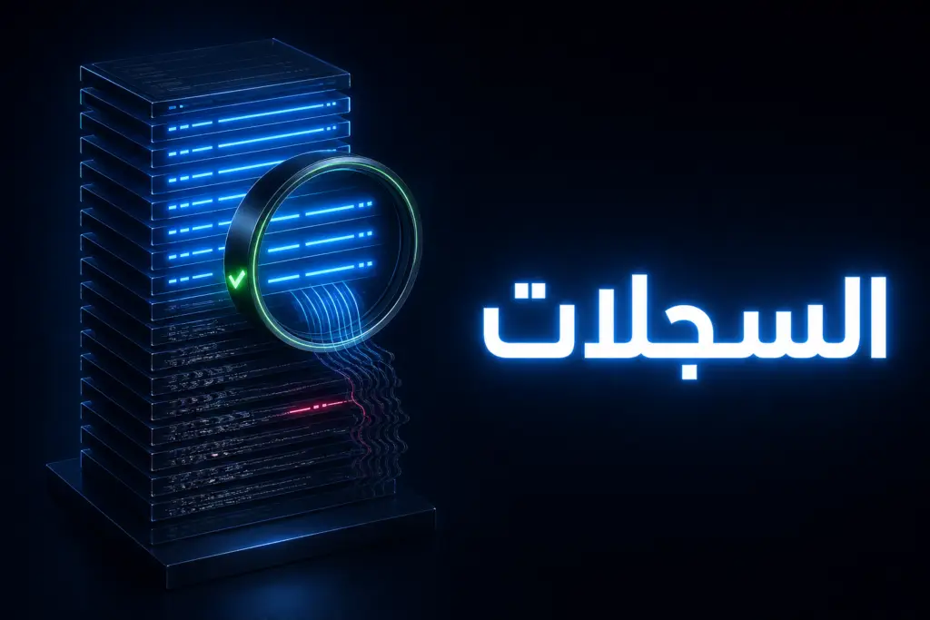 عدسة مكبرة تفصل سطور السجل الحقيقية عن المزيفة، تعبيرًا عن التحقق من زيارات ChatGPT-User