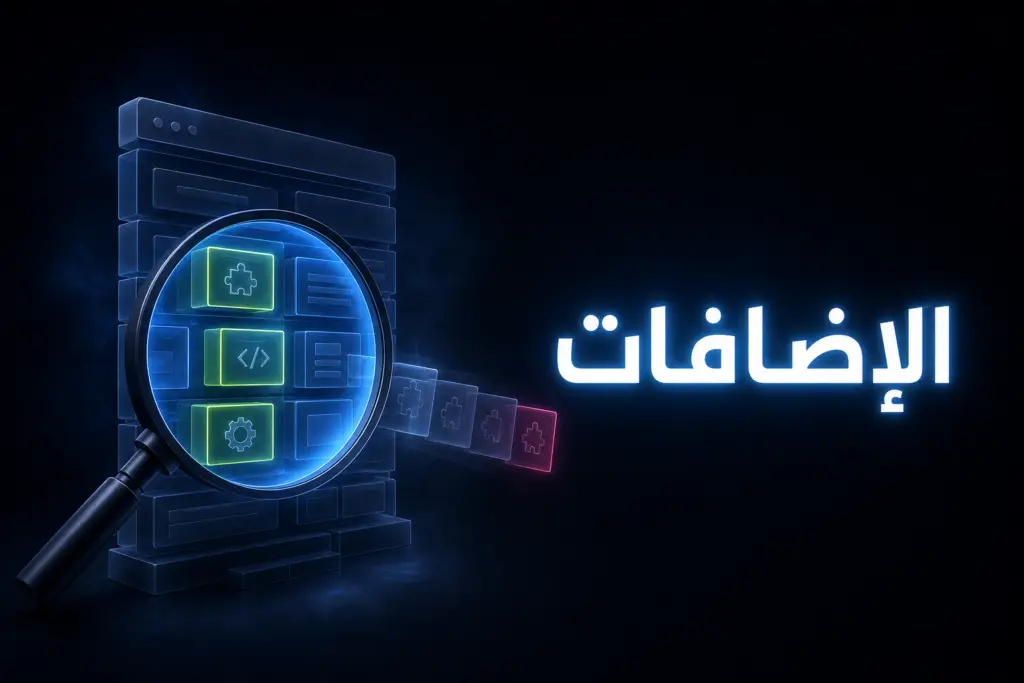 عدسة مكبرة تكشف مكونات موقع مبني من مكعبات، رمزاً لكشف إضافات ووردبريس من الخارج بدقة