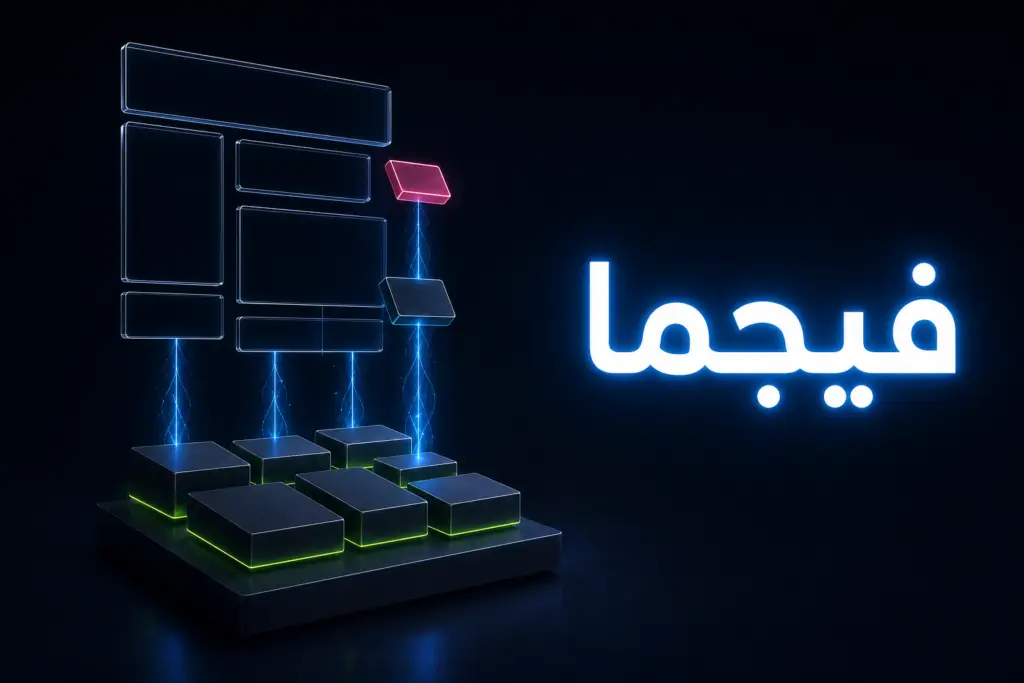 إطارات تصميم زجاجية تتحول إلى كتل صلبة على منصة داكنة، تعبيرًا عن تحويل تصميم فيجما إلى ووردبريس