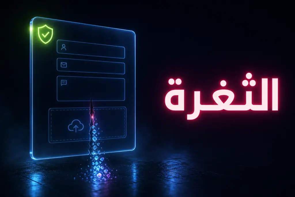 نموذج تواصل زجاجي بخانة رفع ملفات متشققة تتسرب منها شظايا مضيئة، رمزًا لثغرة Forminator في ووردبريس