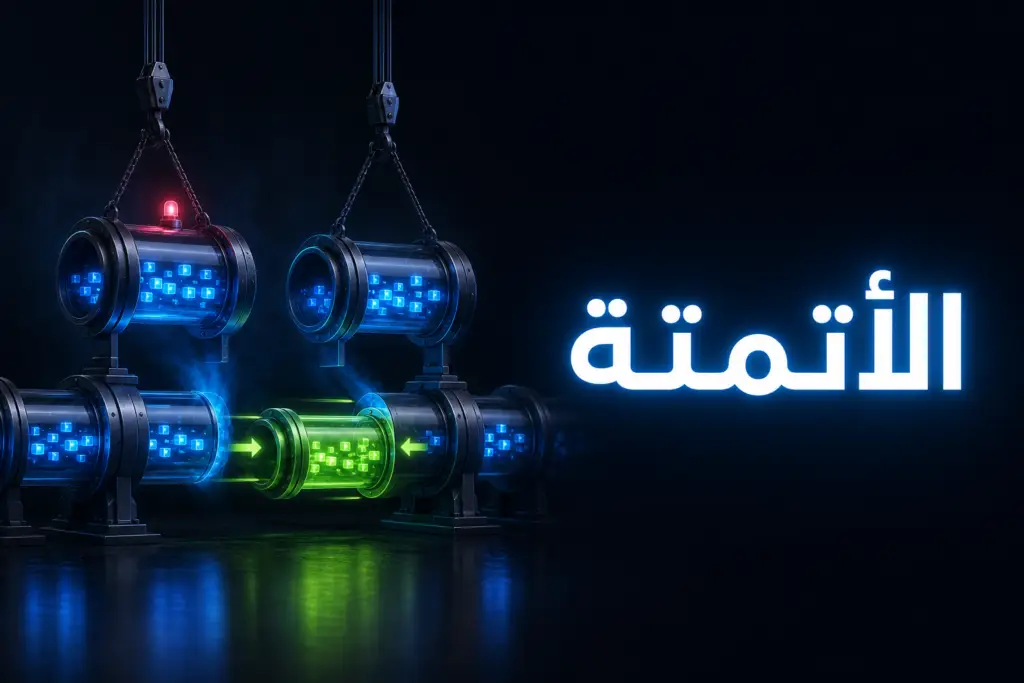 أنبوب بيانات مضيء تُستبدل فيه قطعتان قديمتان بقطعة جديدة، رمز للاستعداد لتحديث n8n 3.0