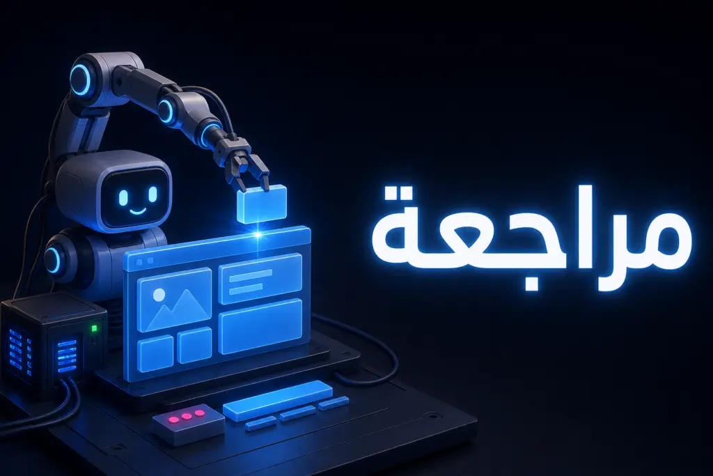 ذراع روبوت يركّب صفحة موقع من قطع مضيئة متصلة بخادم، تعبيرًا عن Novamira وإدارة ووردبريس بالذكاء الاصطناعي