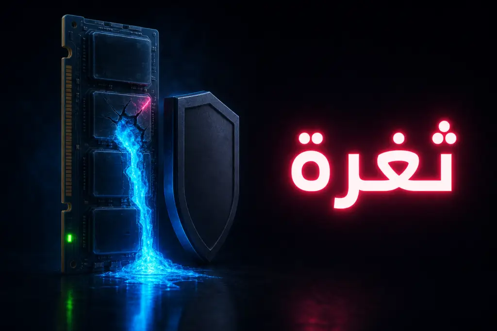 شريحة ذاكرة سيرفر يتسرب منها ضوء أزرق ودرع يُغلقها، تعبيرًا عن ثغرة PHP الحرجة وتحديثها