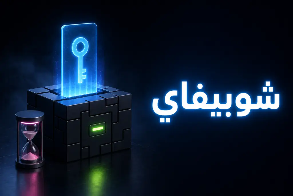 بطاقة مفتاح مضيئة تخرج من خزنة رقمية بجوار ساعة رملية، رمزًا لتوكن Admin API في Shopify ومدة صلاحيته