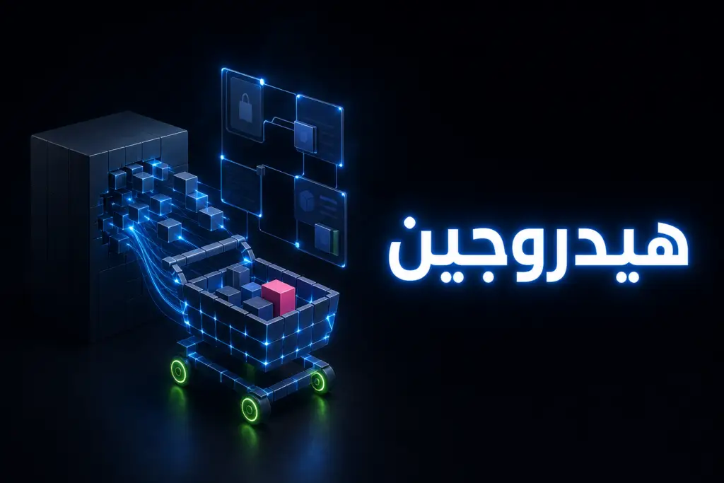 سلة تسوق من مكعبات مضيئة تنفصل عن كتلة كبيرة وتتصل بواجهة مستقلة ترمز إلى شوبيفاي هيدروجين