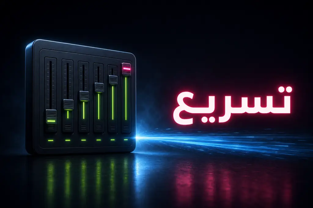 لوحة تحكم بستة مفاتيح تضيء بالتتابع مع شعاع ضوء متسارع، رمز لخطوات تسريع ووردبريس على Plesk
