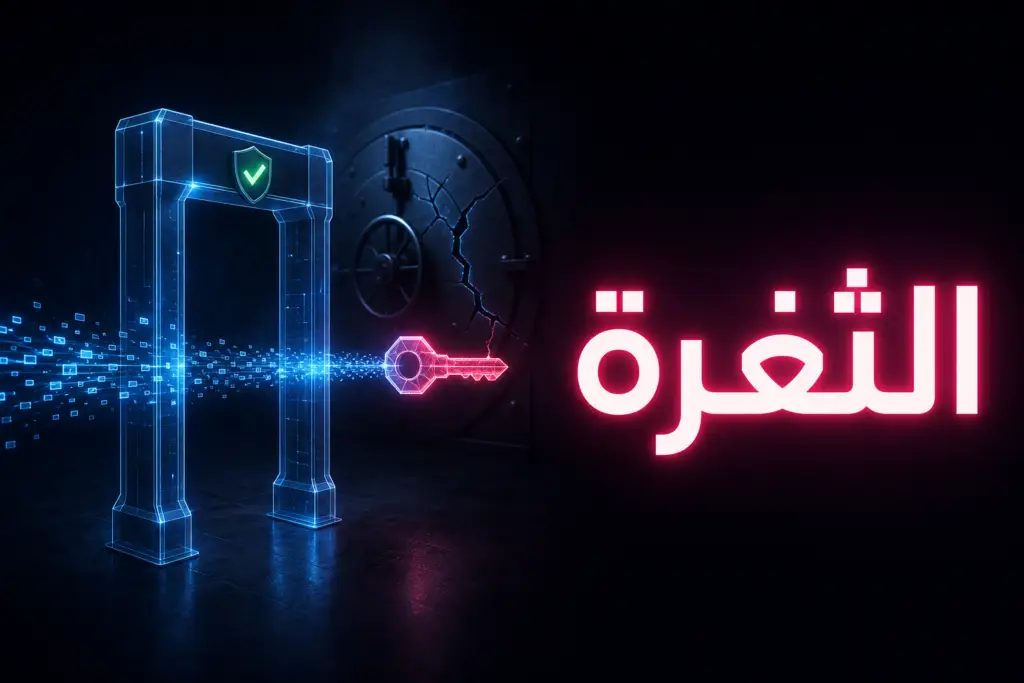 بوابة تفتيش رقمية تمر منها أجزاء بيانات تتجمع بعدها في مفتاح، رمزاً لثغرة Visual Composer