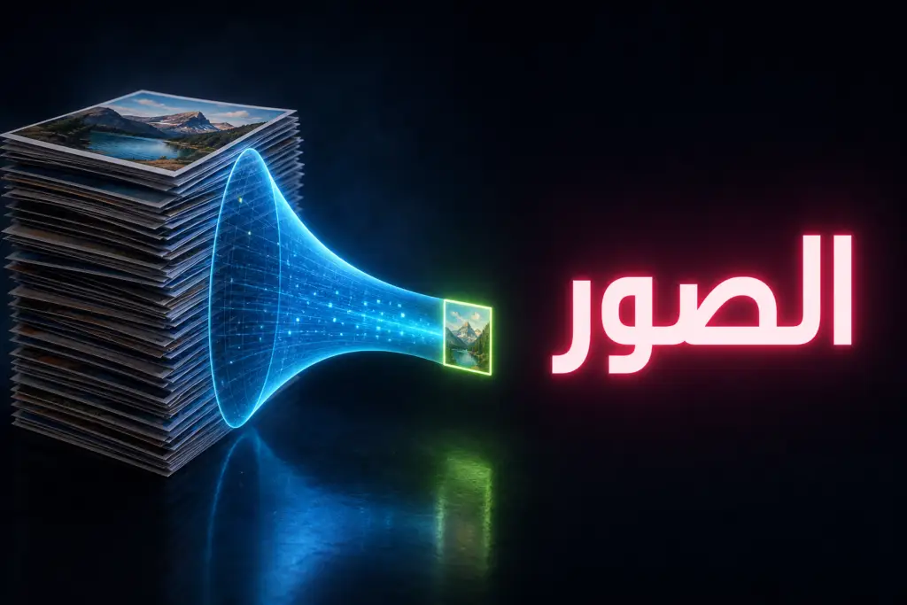 كومة صور ثقيلة تمر عبر قمع مضيء لتخرج صورة واحدة خفيفة، رمزاً لتحويل الصور إلى WebP في ووردبريس