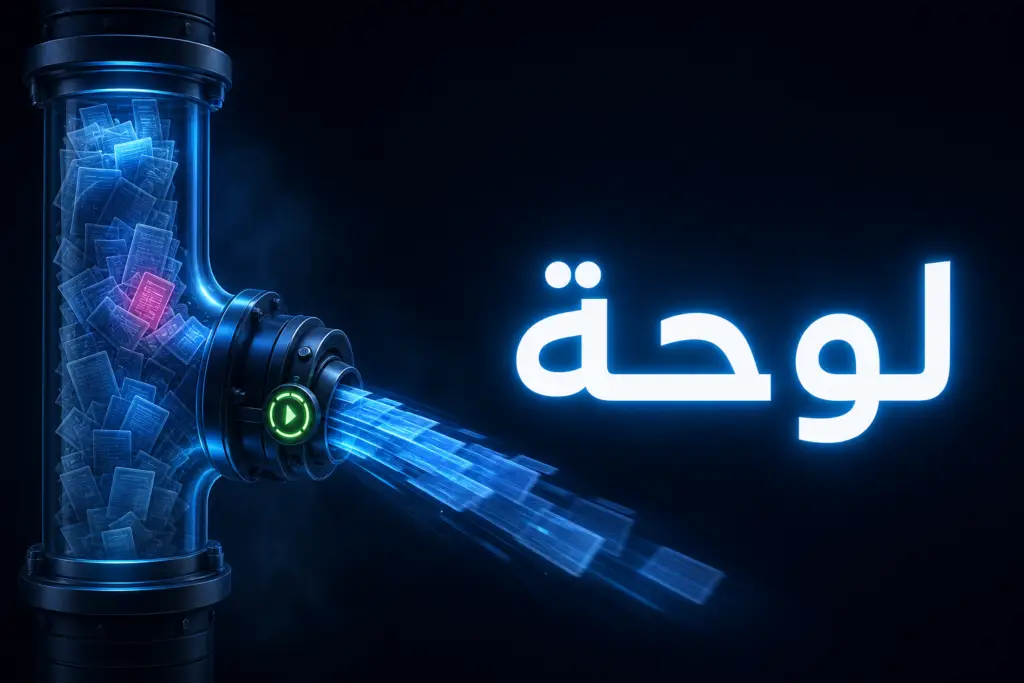 أنبوب زجاجي مزدحم ببطاقات طلبات يتدفق بسرعة بعد فتح صمام مضيء، رمز لعلاج لوحة تحكم ووكومرس البطيئة