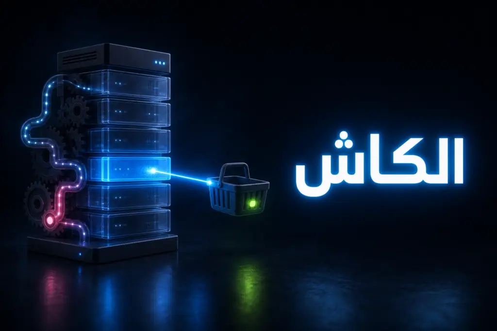 سيرفر من مكعبات شفافة يرسل شعاعاً سريعاً إلى سلة تسوق، رمزاً لتسريع ووكومرس عبر الكاش