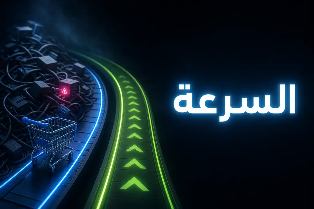 عربة تسوق صغيرة عالقة على مسار مزدحم بجوار مسار سريع، رمزًا لتسريع متجر WooCommerce
