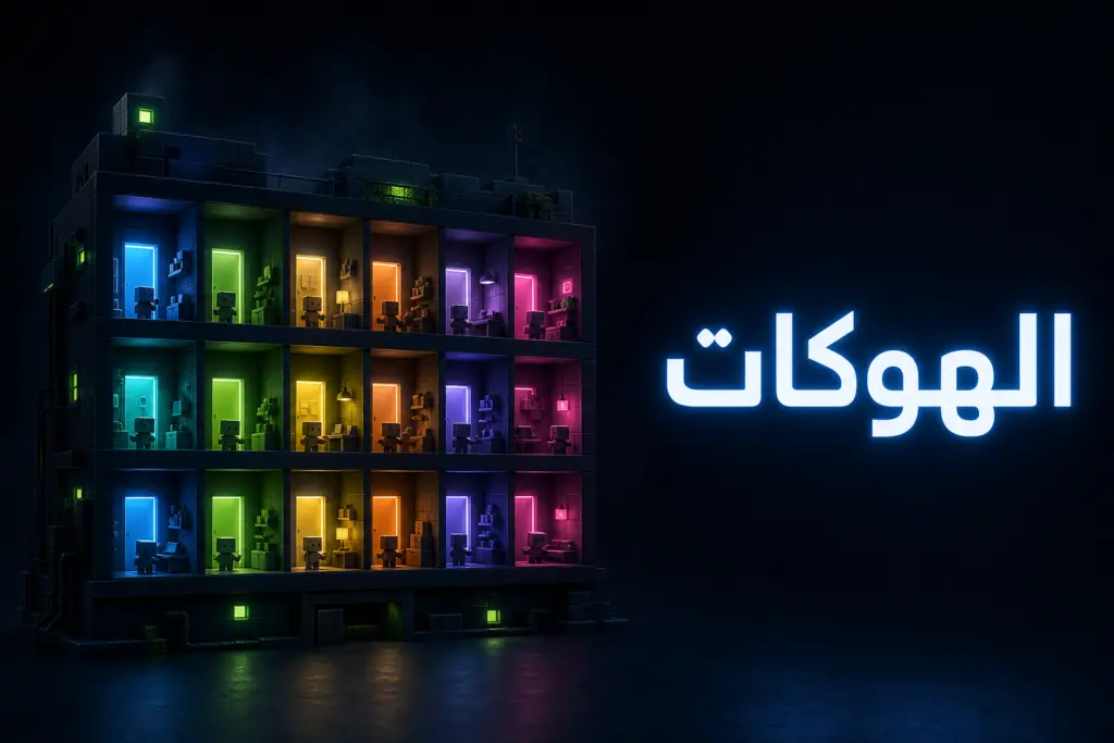 مبنى مكعبات مضيء بستة أبواب يرمز إلى هوكات لوحة تحكم ووردبريس التي تتشاركها الإضافات