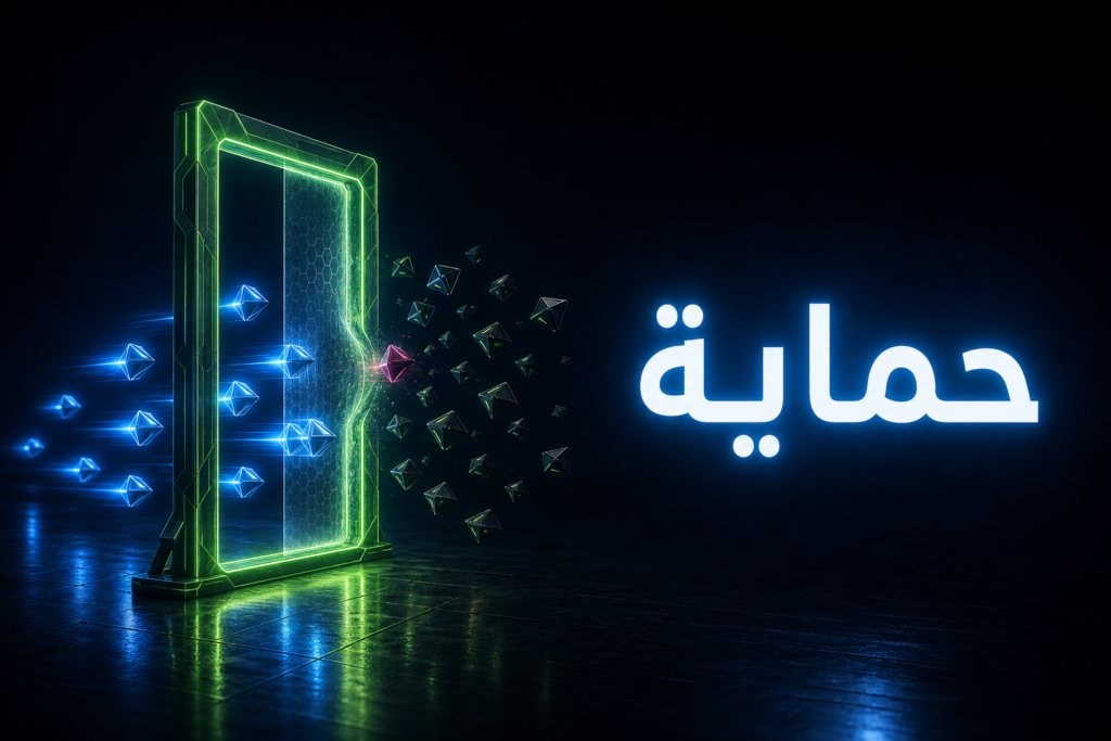 بوابة زجاجية مضيئة تسمح لبعض الطائرات الصغيرة بالمرور وتوقف أخرى، رمز لحماية ووردبريس من البوتات