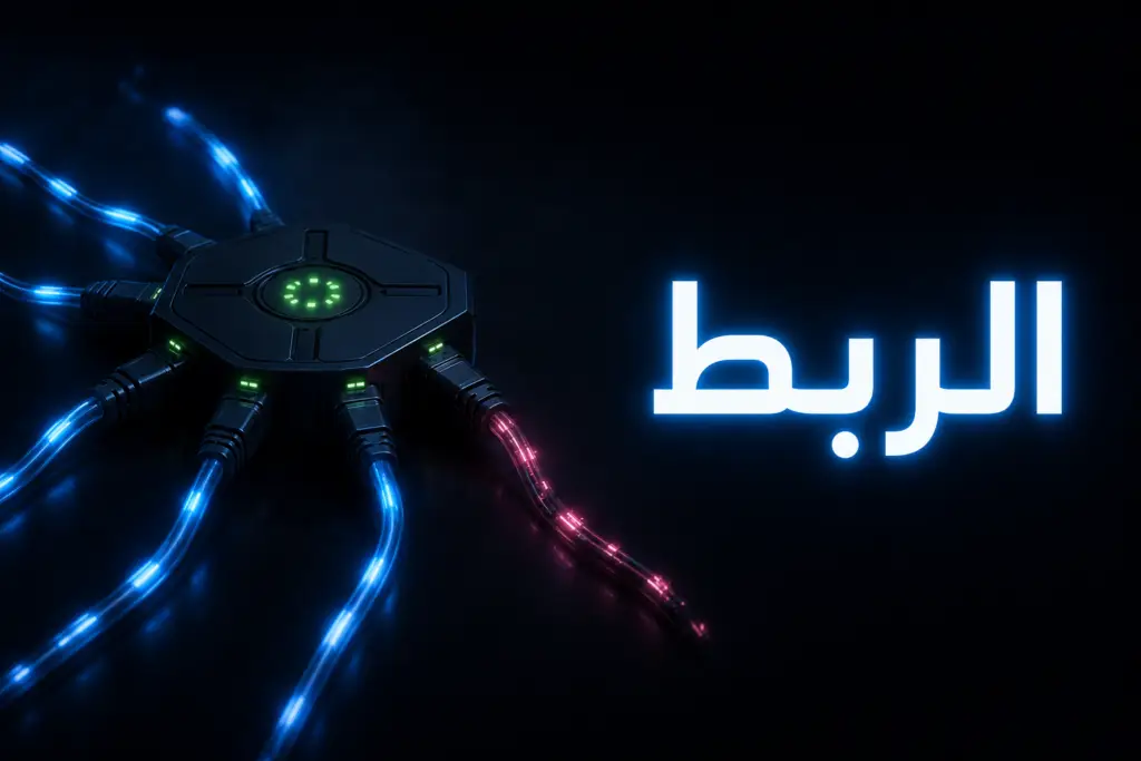 لوحة تحكم بكابلات مضيئة تتصل بمحور واحد وأحدها يتعطل، تعبيرًا عن ربط ووردبريس بـ API خارجي