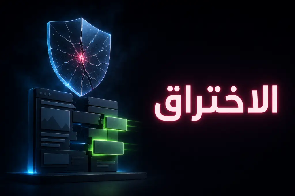 درع حماية متشقق فوق هيكل موقع تُستبدل قطعه بقطع نظيفة، رمزًا لاستعادة موقع ووردبريس بعد الاختراق