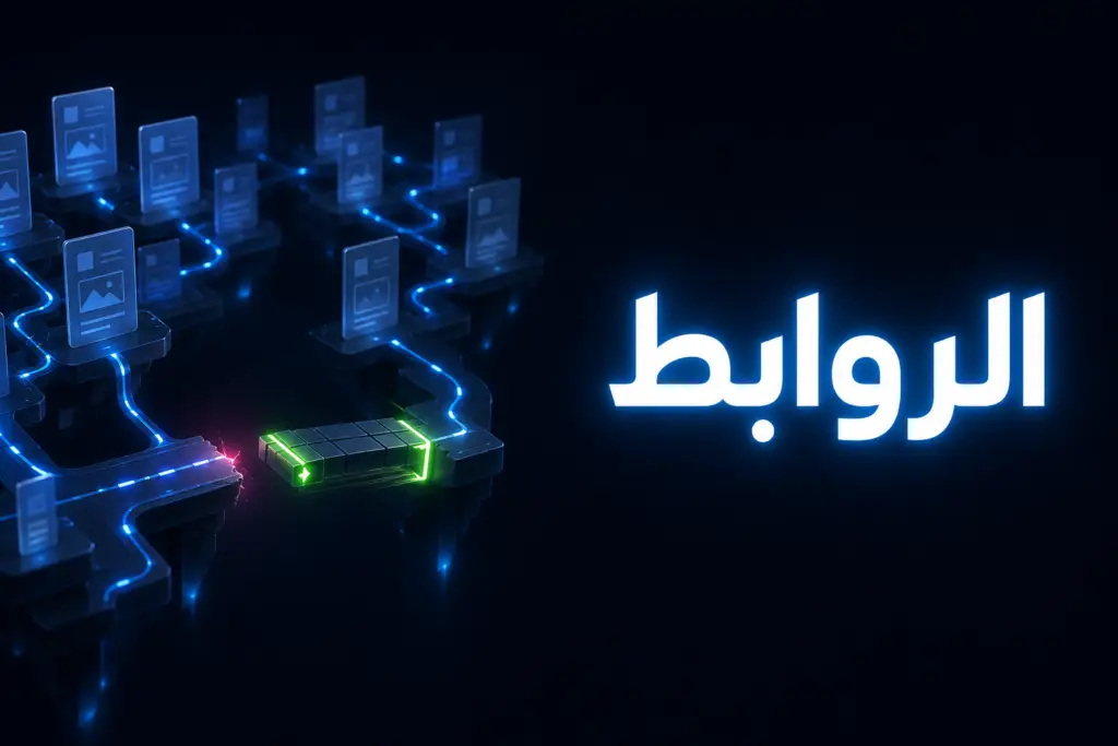 صفحات موقع متصلة بطرق مضيئة وجسر يعيد وصل طريق مقطوع، تعبيرًا عن فحص الروابط الداخلية في ووردبريس