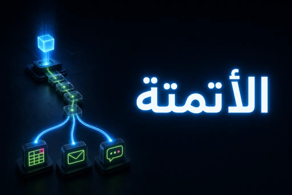 مكعب مضيء يتفرع إلى مسارات نحو جدول وبريد ورسالة، تعبيرًا عن أتمتة ووردبريس بـ n8n