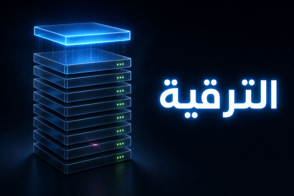 طبقات زجاجية متراصة تُضاف إليها طبقة جديدة مع شرخ في طبقة قديمة يرمز لمخاطر ترقية PHP في ووردبريس