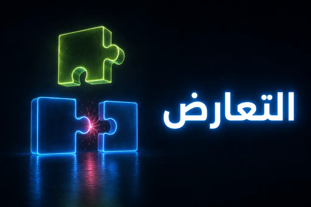 قطعتا بازل متصادمتان تخرج منهما شرارة وقطعة ثالثة مرفوعة، رمز لاكتشاف تعارض الإضافات في ووردبريس