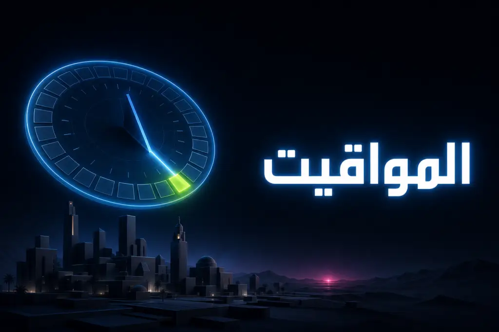 مزولة شمسية مضيئة فوق مدينة صحراوية عند الغروب، ترمز إلى بناء موقع مواقيت الصلاة بووردبريس